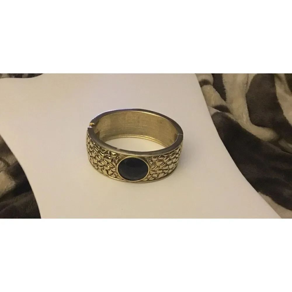 Pebbled Texture Gold & Round Black Faceted Crystal Wide Bangle Bracelet